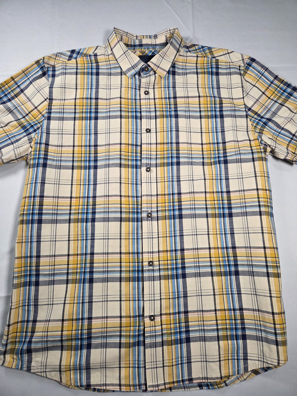 Prana Men's Short-Sleeve Plaid Button-Down Shirt - Cream, Blue & Yellow